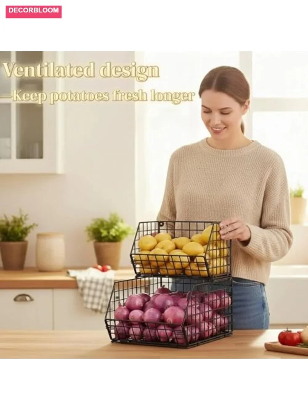 2-Tier Stackable Wire Basket Potato Onion Storage Bin Countertop